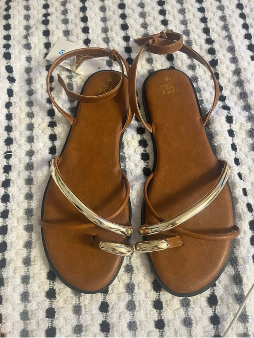 Time and Tru Brown Sandals with Gold Accent Straps